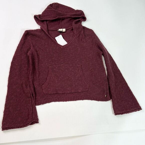 Roxy Hang With Me Sweater Womens Small Burgundy Open Knit Pullover Hooded - Picture 1 of 11